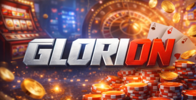 Glorion Casino banner with logo, casino chips and playing cards representing an online casino