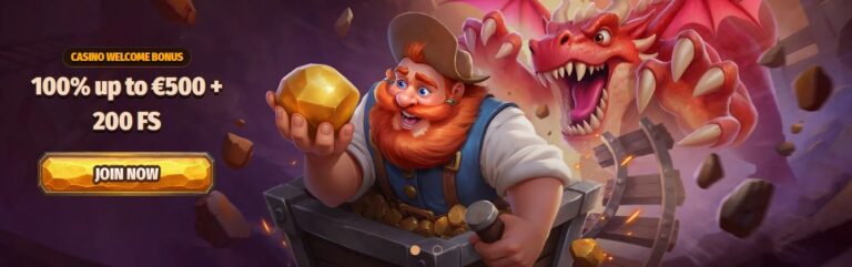 Dragonia Casino welcome bonus banner with a dwarf miner holding a golden nugget and a red dragon in the background, showing 100% up to €500 + 200 free spins offer and a Join Now button
