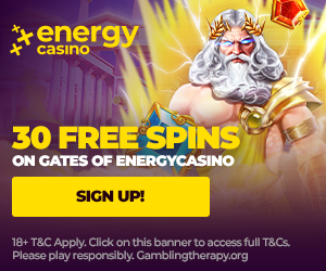 EnergyCasino 30 free spins banner featuring Zeus from the Gates of EnergyCasino slot and a yellow Sign Up button