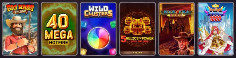 Selection of popular slot games at Dragonia Casino including Big Bass Splash, 40 Mega Hotfire, Wild Clusters, Relics of Power Hold and Win, Book of Ra Magic and Starlight Princess 1000.