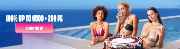 Online casino welcome bonus banner showing three people in swimwear by a pool with a roulette cake and the text 100% up to €500 + 200 FS Join Now