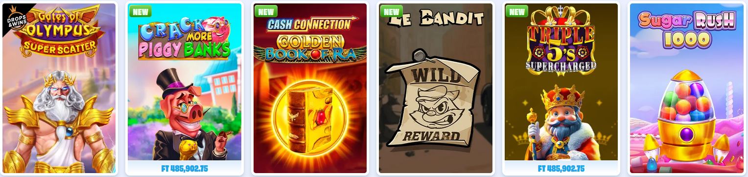 Selection of online slot games at OnlySpins Casino including Gates of Olympus, Crack More Piggy Banks, Cash Connection Golden Book of Ra, Le Bandit, Triple 5s Supercharged and Sugar Rush 1000