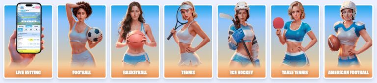 Sports betting at OnlySpins Casino – live betting, football, basketball, tennis, ice hockey, table tennis and American football illustrated with female athletes and a mobile app screen