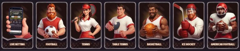 Dragonia Casino sports betting banner with cartoon athletes for live betting, football, tennis, table tennis, basketball, ice hockey and American football