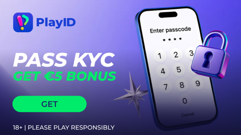 PlayID “Pass KYC, get €5 bonus” banner with phone passcode screen, padlock icon and “Get” button.