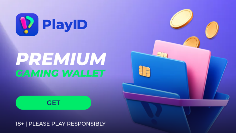 PlayID “Premium Gaming Wallet” banner with wallet, bank cards, coins and “Get” button.