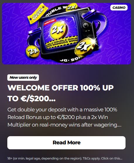 EnergyCasino welcome offer banner showing a retro TV with 2x Double Double Double Winnings Win text on a purple background