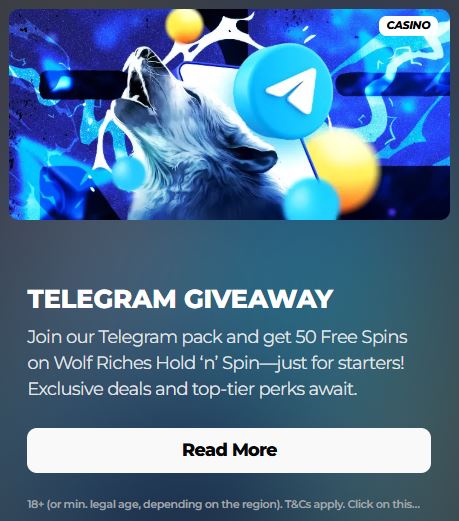 EnergyCasino Telegram Giveaway banner with a howling wolf and Telegram logo on a blue background