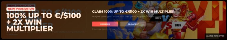 Alt text: Hotslots Casino promotion banner showing 100% up to €/$100 plus 2x win multiplier with a Greek god and jester character on an orange background
