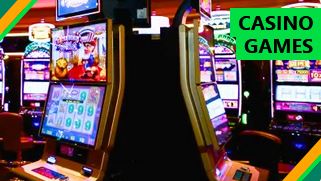 Slot machines in a casino with a green “CASINO GAMES” label and diagonal green-yellow border accents.