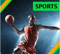 Basketball player in action with a green “SPORTS” label and diagonal green-yellow border accents.